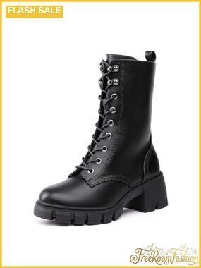 Women's Platform Lace Up Combat Boots Mid-Calf Chunky Block Heel